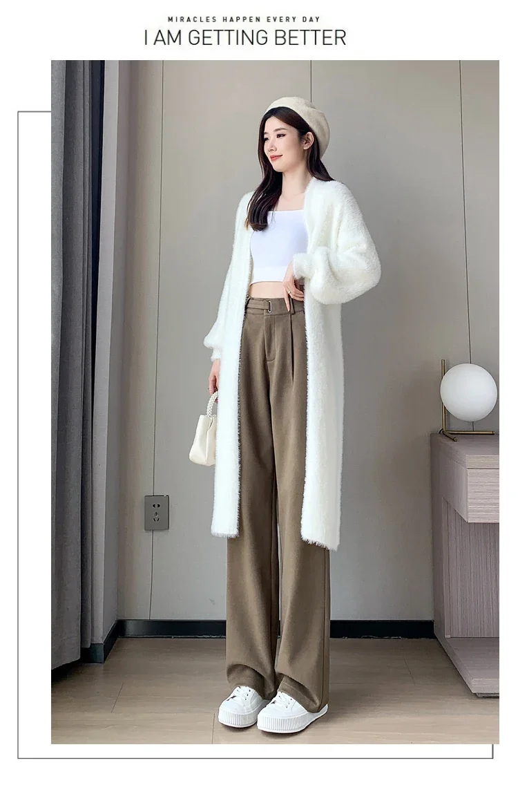 Winter Thick Loose Casual Female Wide Leg Pants Pure Color Chic Buttons Straight Slim Fashion Women Pants Black Apricot