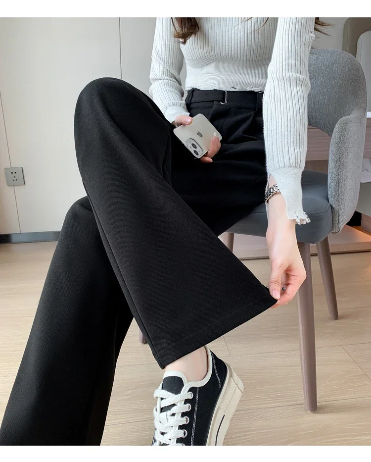 Winter Thick Loose Casual Female Wide Leg Pants Pure Color Chic Buttons Straight Slim Fashion Women Pants Black Apricot