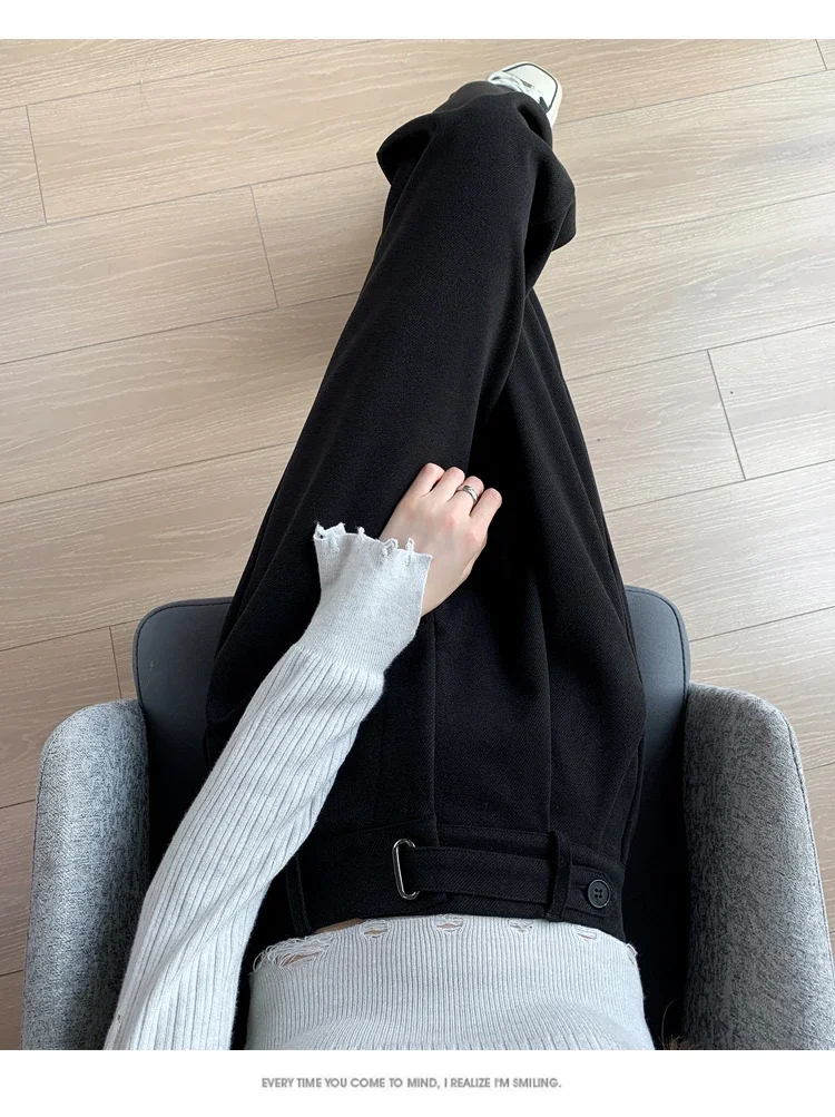 Winter Thick Loose Casual Female Wide Leg Pants Pure Color Chic Buttons Straight Slim Fashion Women Pants Black Apricot