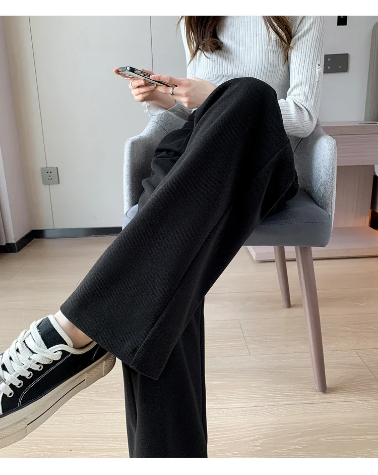 Winter Thick Loose Casual Female Wide Leg Pants Pure Color Chic Buttons Straight Slim Fashion Women Pants Black Apricot