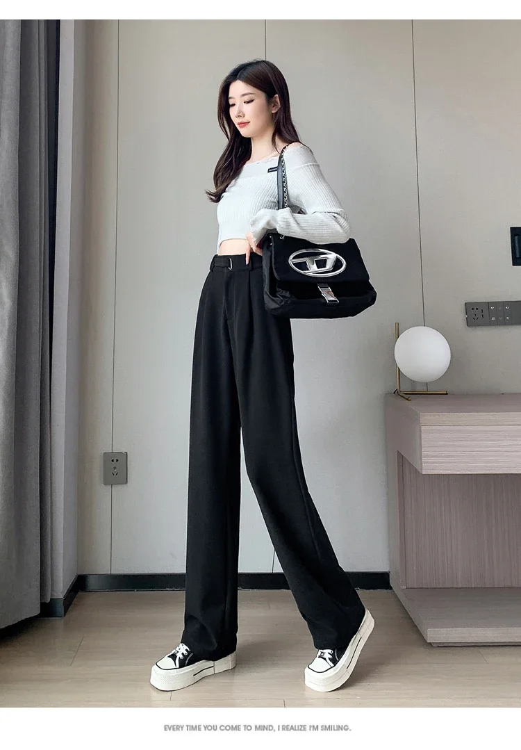 Winter Thick Loose Casual Female Wide Leg Pants Pure Color Chic Buttons Straight Slim Fashion Women Pants Black Apricot
