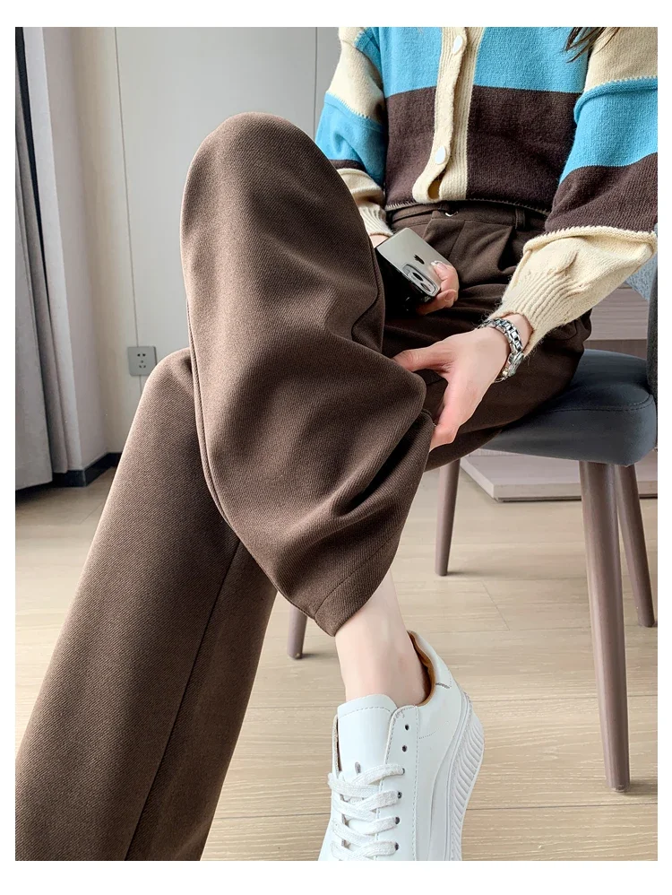 Winter Thick Loose Casual Female Wide Leg Pants Pure Color Chic Buttons Straight Slim Fashion Women Pants Black Apricot