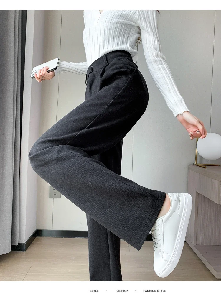 Winter Thick Loose Casual Female Wide Leg Pants Pure Color Chic Buttons Straight Slim Fashion Women Pants Black Apricot