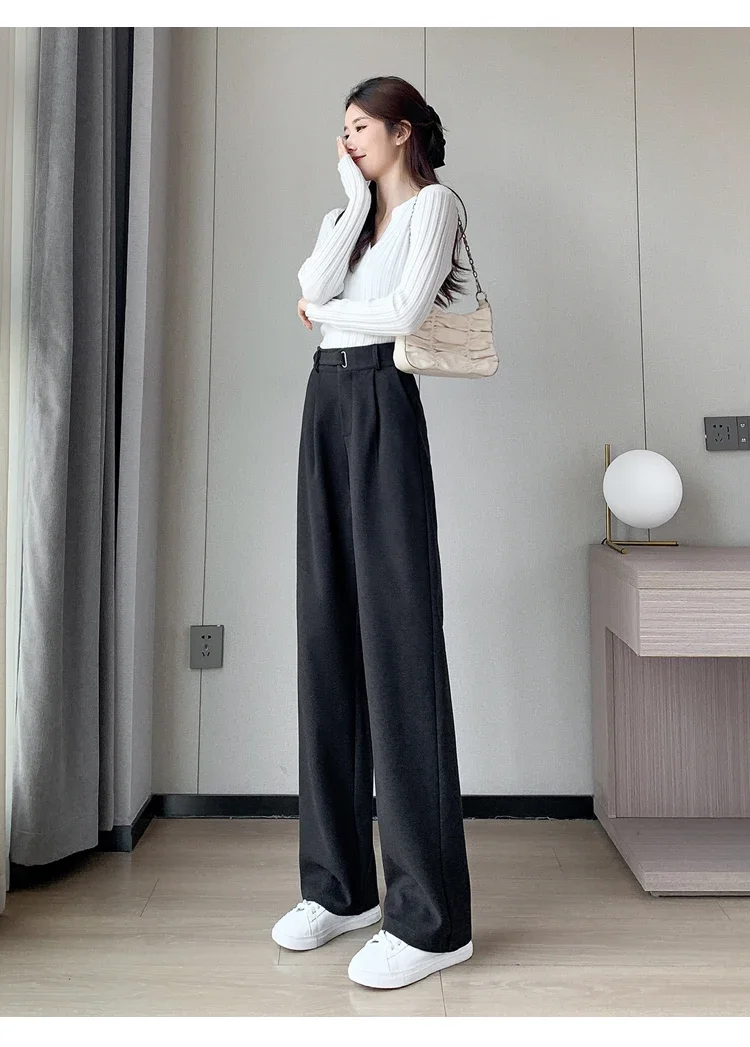Winter Thick Loose Casual Female Wide Leg Pants Pure Color Chic Buttons Straight Slim Fashion Women Pants Black Apricot