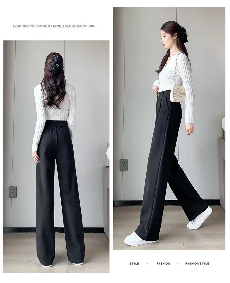 Winter Thick Loose Casual Female Wide Leg Pants Pure Color Chic Buttons Straight Slim Fashion Women Pants Black Apricot