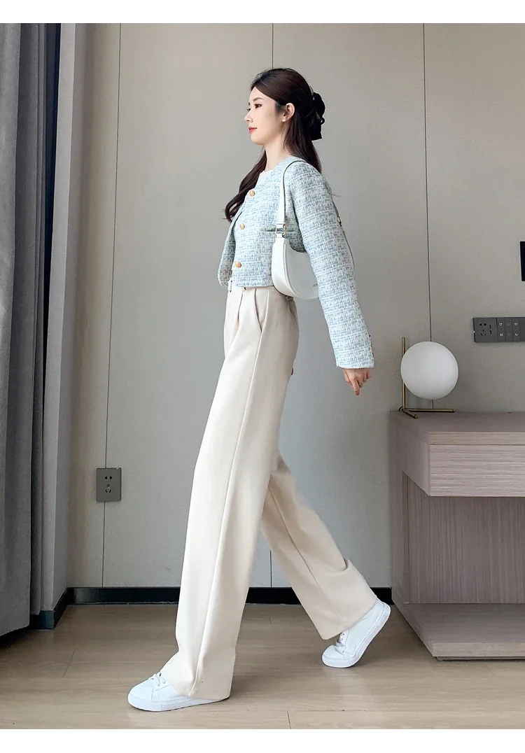 Winter Thick Loose Casual Female Wide Leg Pants Pure Color Chic Buttons Straight Slim Fashion Women Pants Black Apricot