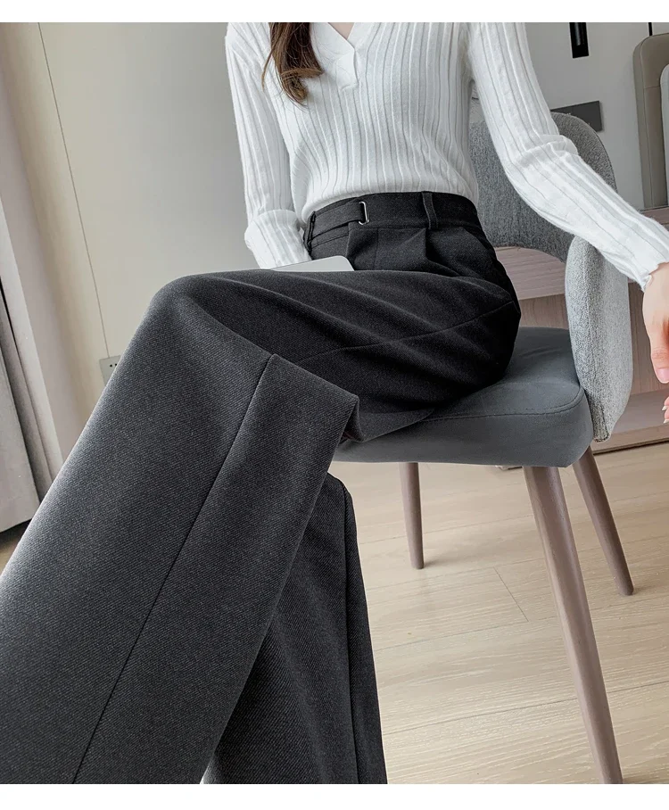 Winter Thick Loose Casual Female Wide Leg Pants Pure Color Chic Buttons Straight Slim Fashion Women Pants Black Apricot