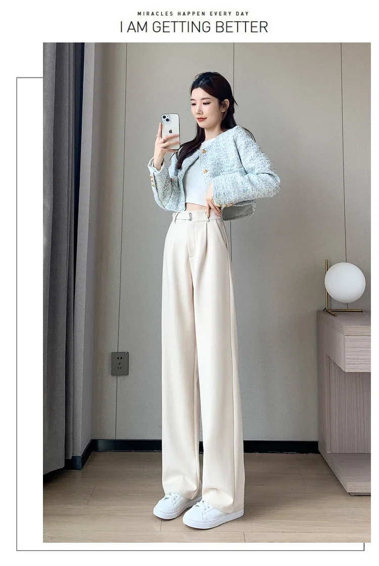 Winter Thick Loose Casual Female Wide Leg Pants Pure Color Chic Buttons Straight Slim Fashion Women Pants Black Apricot