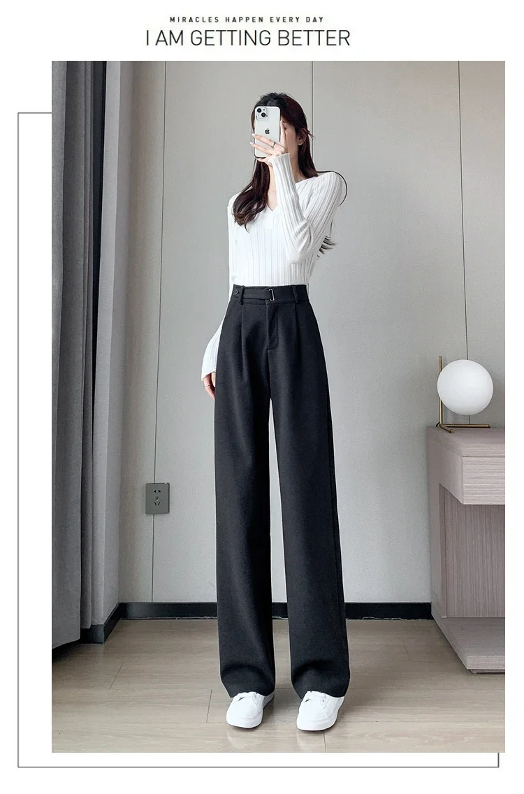 Winter Thick Loose Casual Female Wide Leg Pants Pure Color Chic Buttons Straight Slim Fashion Women Pants Black Apricot