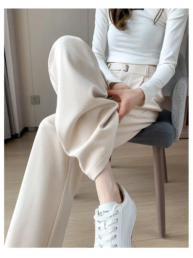 Winter Thick Loose Casual Female Wide Leg Pants Pure Color Chic Buttons Straight Slim Fashion Women Pants Black Apricot