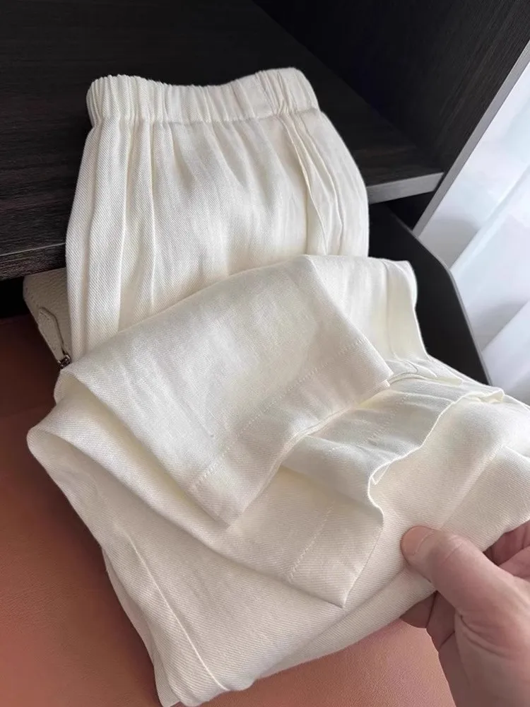 2025 White Cotton and Linen Wide-leg Pants Women's Summer Thin Loose Lazy Drape High-waisted Straight Pants Casual Pants