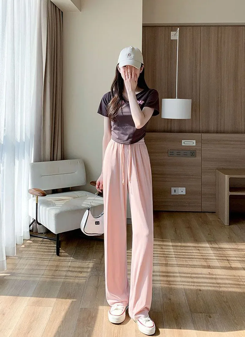 Summer Cool Ice Silk Straight Pants Women Fashion High Waist Wide Leg Trousers Female Solid Sagging Feeling Baggy Casual Pants