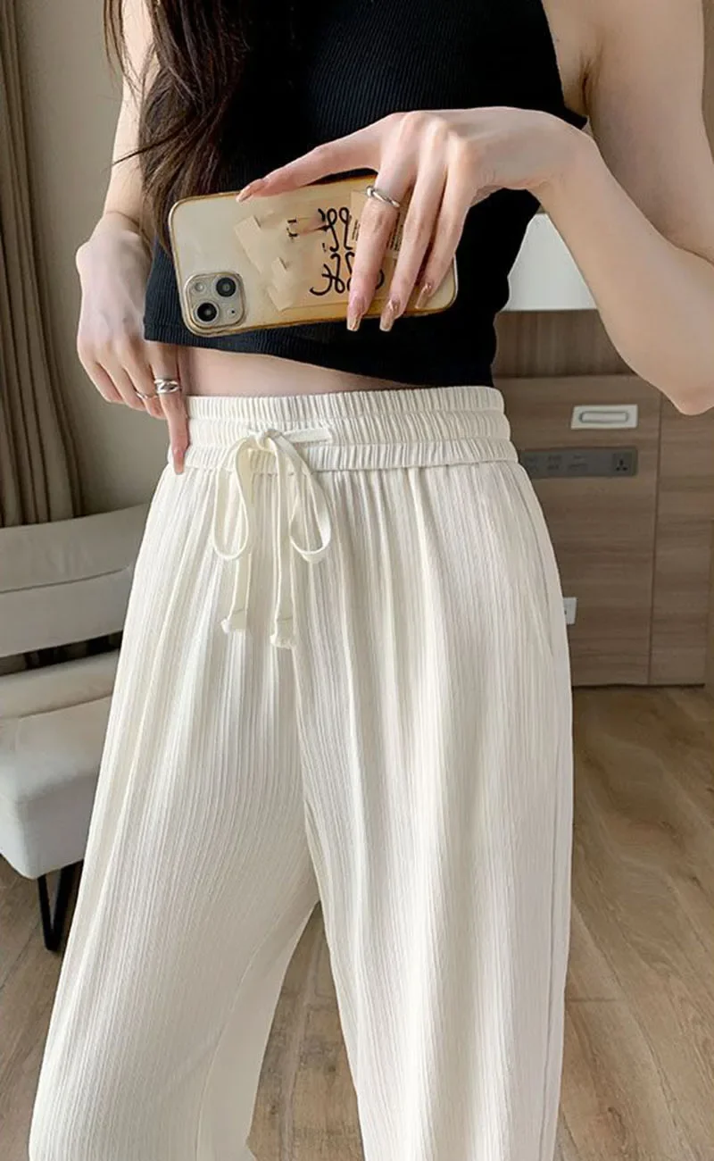 Summer Cool Ice Silk Straight Pants Women Fashion High Waist Wide Leg Trousers Female Solid Sagging Feeling Baggy Casual Pants