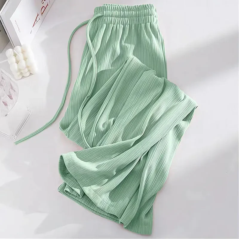Summer Cool Ice Silk Straight Pants Women Fashion High Waist Wide Leg Trousers Female Solid Sagging Feeling Baggy Casual Pants