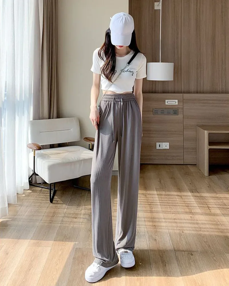 Summer Cool Ice Silk Straight Pants Women Fashion High Waist Wide Leg Trousers Female Solid Sagging Feeling Baggy Casual Pants