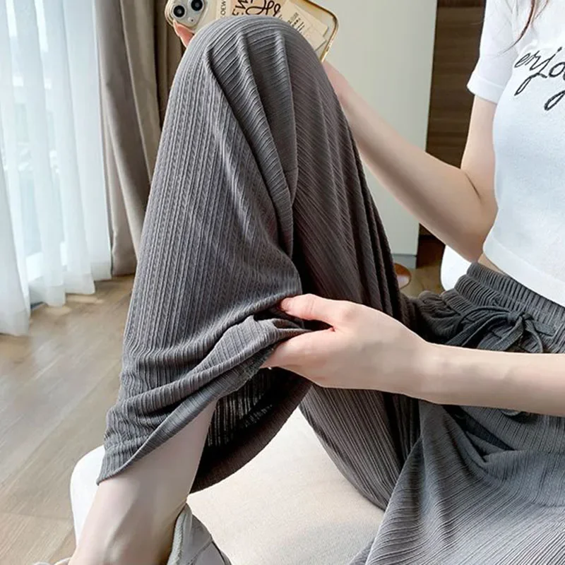 Summer Cool Ice Silk Straight Pants Women Fashion High Waist Wide Leg Trousers Female Solid Sagging Feeling Baggy Casual Pants