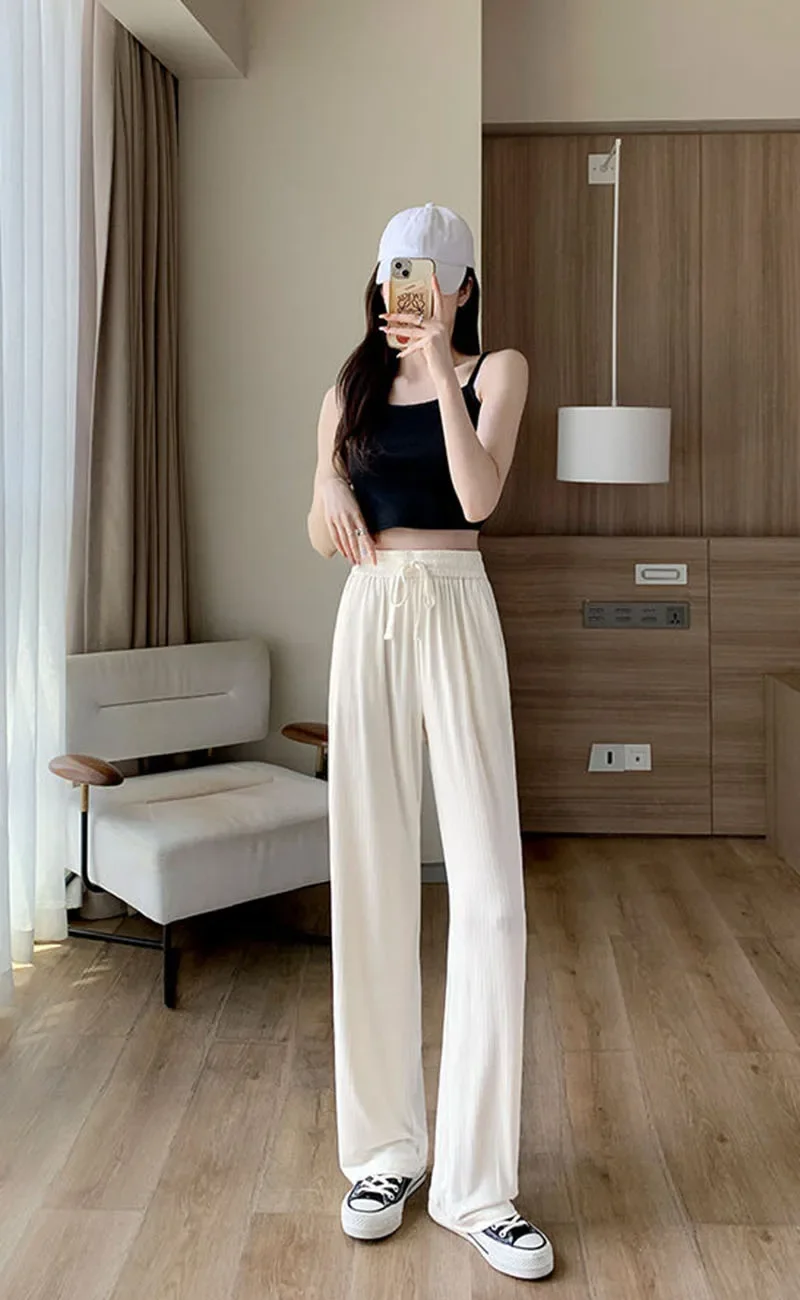Summer Cool Ice Silk Straight Pants Women Fashion High Waist Wide Leg Trousers Female Solid Sagging Feeling Baggy Casual Pants