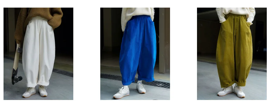 Johnature Winter New Japanese Casual Corduroy Elastic Waist Ankle-length Pants Solid Color Loose Pockets Harem Women Pants