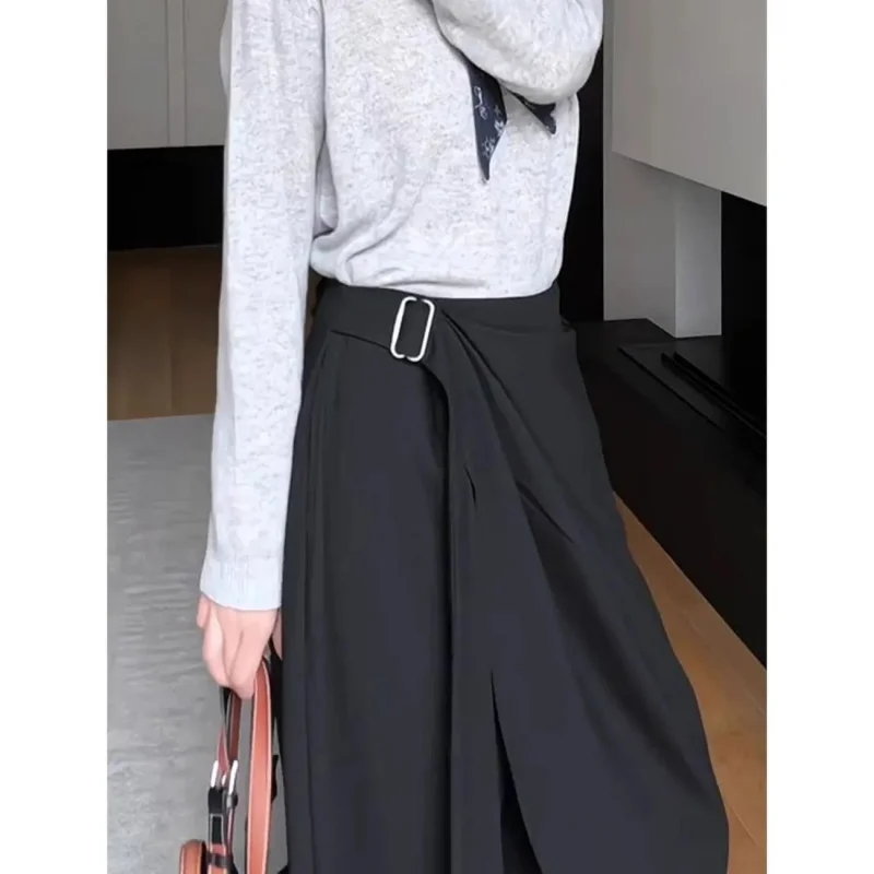 Fall Fashion Asymmetrical Lace Up Pants Women High Waist Divided Skirt Versatile Office Lady Trousers Black Wide Leg Pants 695A