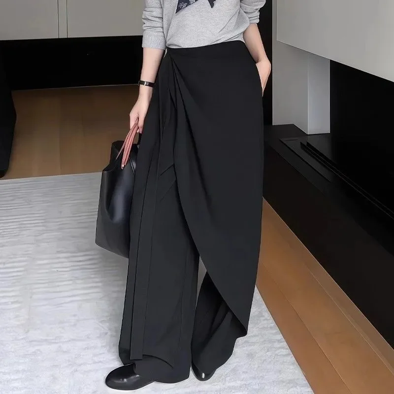 Fall Fashion Asymmetrical Lace Up Pants Women High Waist Divided Skirt Versatile Office Lady Trousers Black Wide Leg Pants 695A