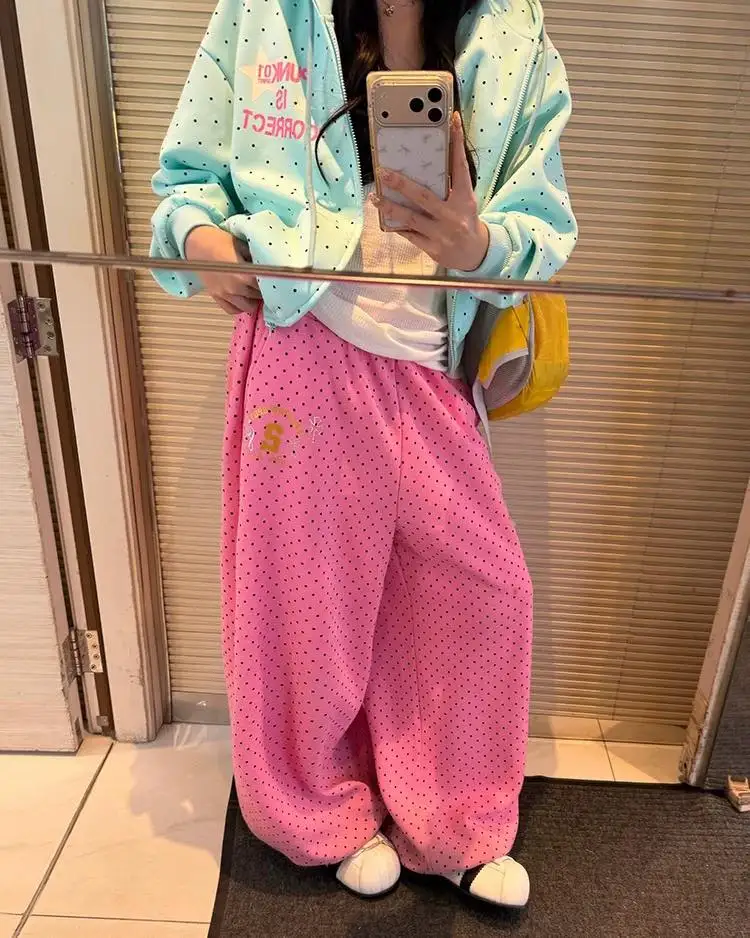 New Y2K American Jogging Elastic Waist Floor Length Pants Retro Bronzing Pink Sweatpants Polka Dotsoversized Loose Casual Pants