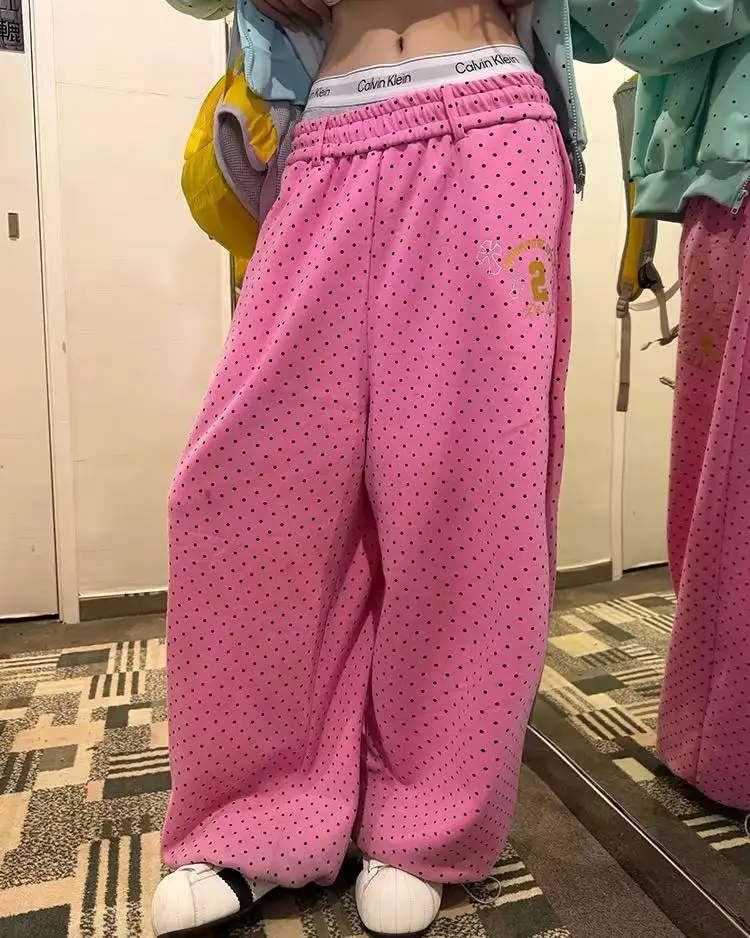New Y2K American Jogging Elastic Waist Floor Length Pants Retro Bronzing Pink Sweatpants Polka Dotsoversized Loose Casual Pants