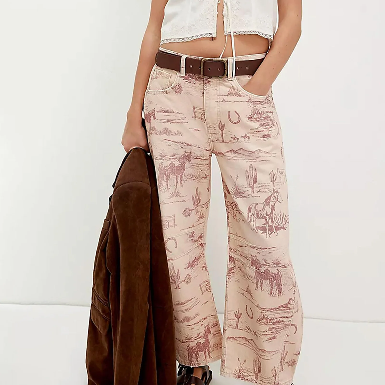 Men Women Retro Gothic High Waist Y2k Baggy Black Harajuku Hip Hop Pattern Sickle-shaped Wide-leg Pants Wide Leg Python Capris