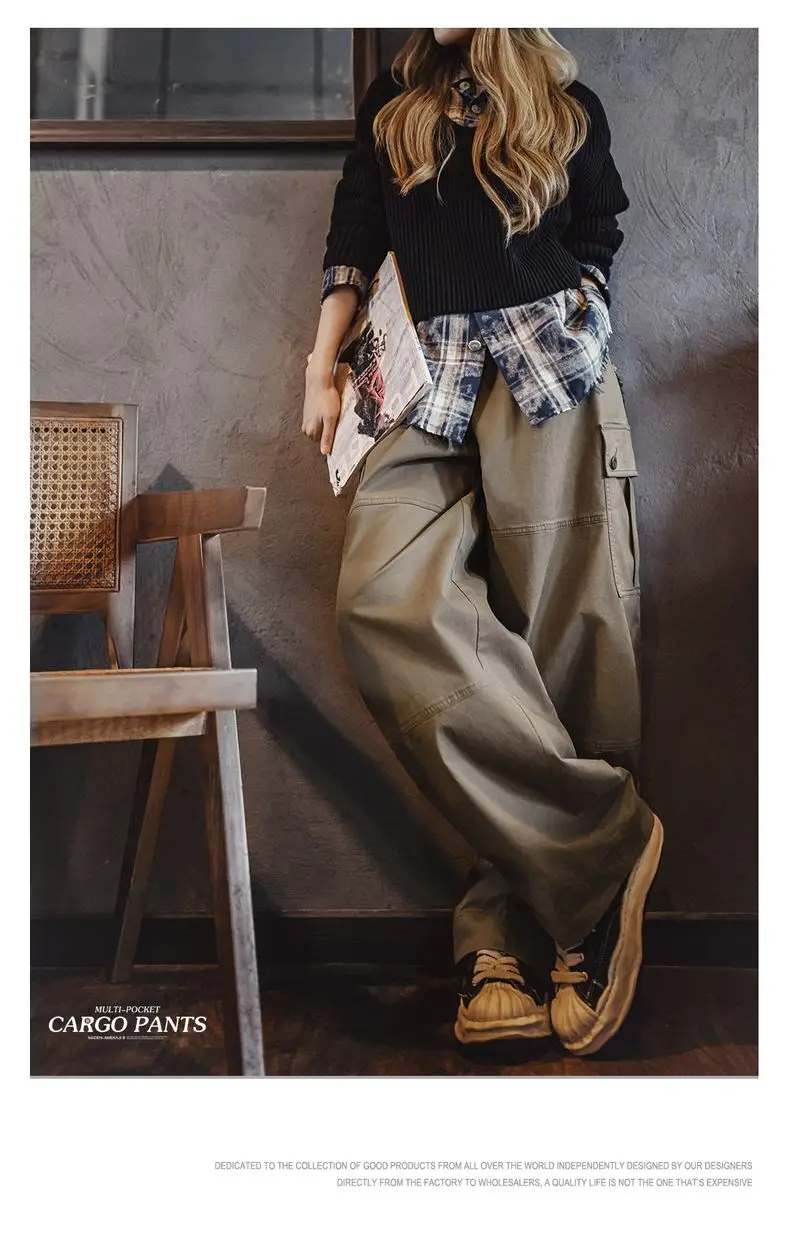 Maden Women’s Retro Workwear Cargo Pants Loose Wide-Leg Multi-Pocket High Waist Twill Cotton Trousers for Spring Autumn