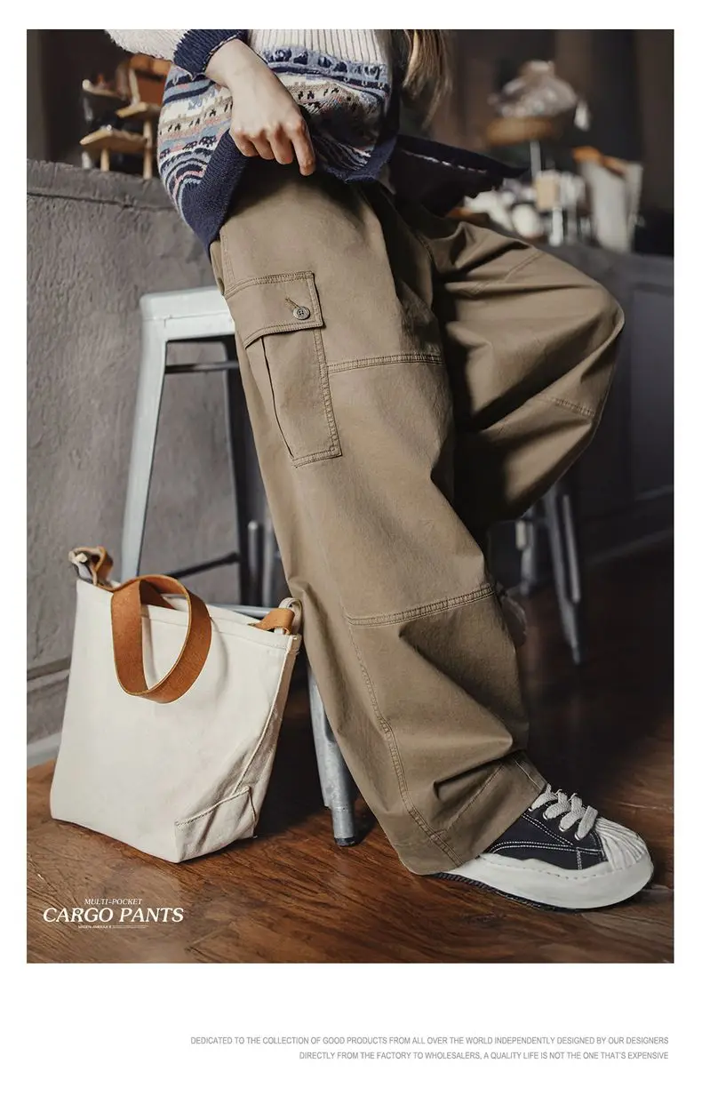 Maden Women’s Retro Workwear Cargo Pants Loose Wide-Leg Multi-Pocket High Waist Twill Cotton Trousers for Spring Autumn