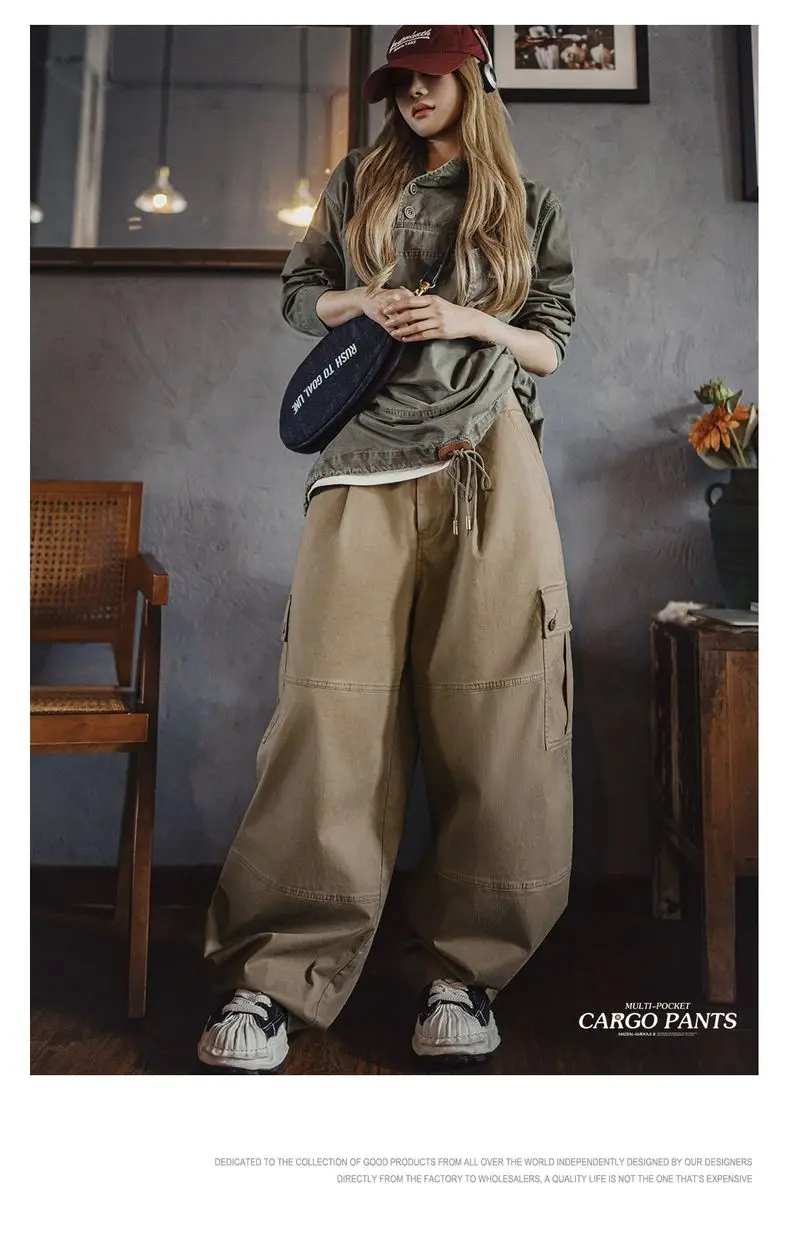 Maden Women’s Retro Workwear Cargo Pants Loose Wide-Leg Multi-Pocket High Waist Twill Cotton Trousers for Spring Autumn