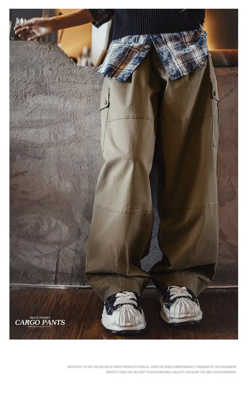 Maden Women’s Retro Workwear Cargo Pants Loose Wide-Leg Multi-Pocket High Waist Twill Cotton Trousers for Spring Autumn