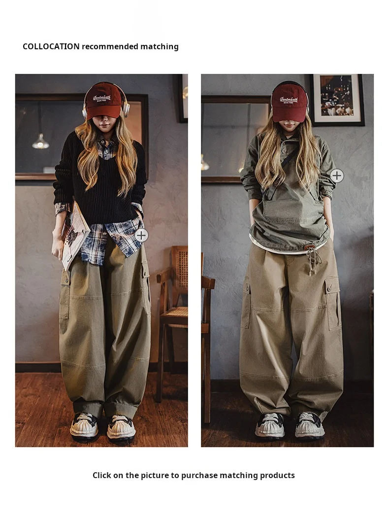 Maden Women’s Retro Workwear Cargo Pants Loose Wide-Leg Multi-Pocket High Waist Twill Cotton Trousers for Spring Autumn