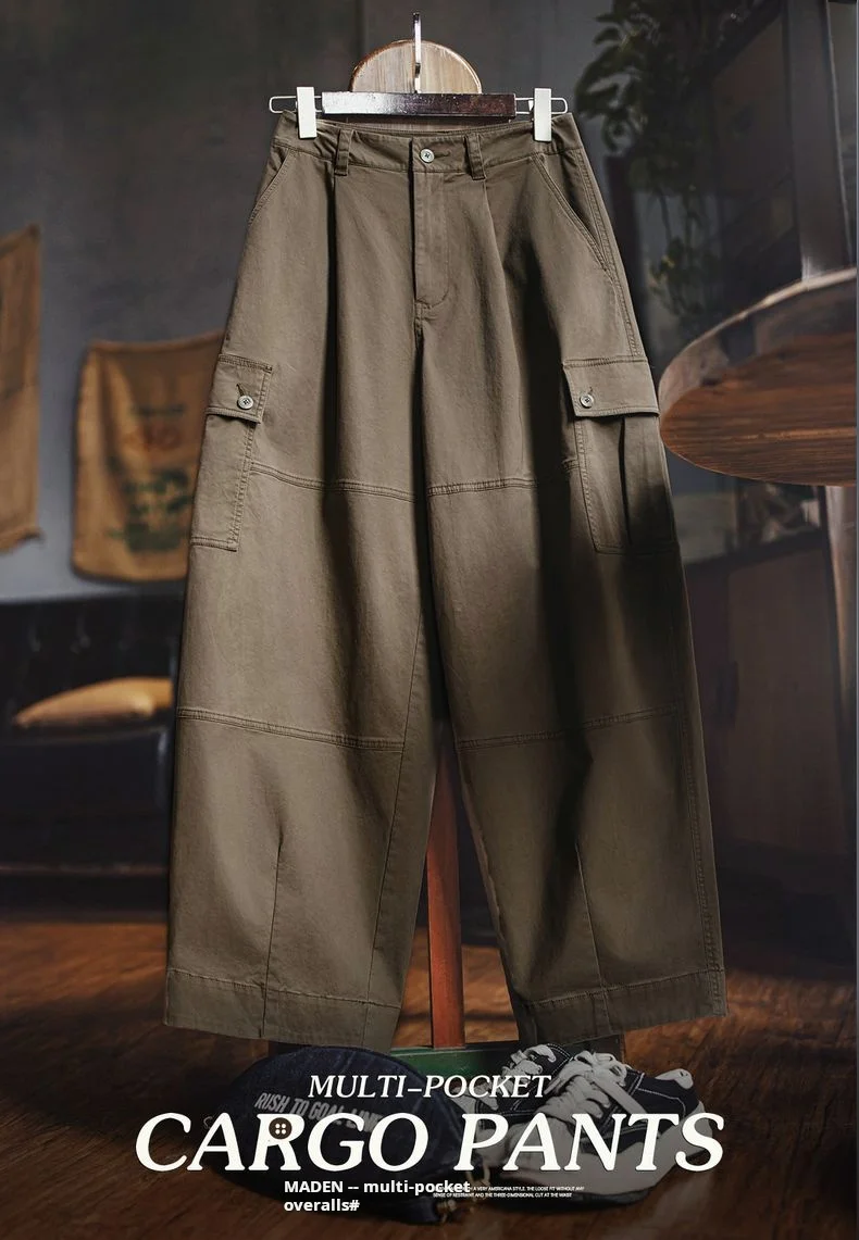 Maden Women’s Retro Workwear Cargo Pants Loose Wide-Leg Multi-Pocket High Waist Twill Cotton Trousers for Spring Autumn
