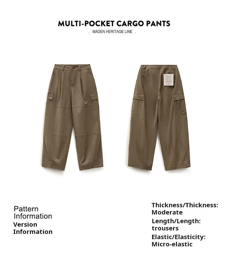 Maden Women’s Retro Workwear Cargo Pants Loose Wide-Leg Multi-Pocket High Waist Twill Cotton Trousers for Spring Autumn
