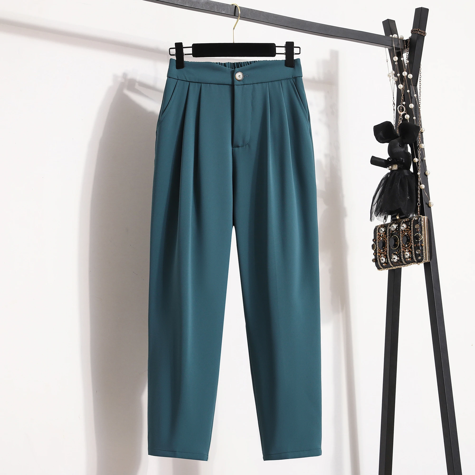 Autumn Female Formal Trousers Solid Color Ankle-length Button Fly Elastic Waist Office Lady Elegant Pencil Pants