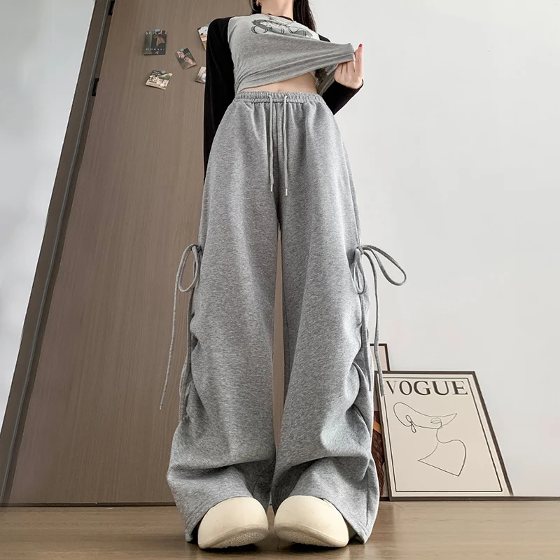 Harajuku Wide Leg Sweatpants for Woman Y2K Bow Lace-Up High Waist Oversized Pants Hip Hop Baggy Gray Sports Trousers Women