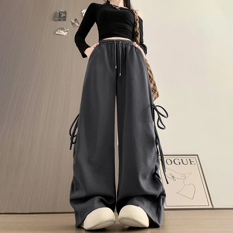 Harajuku Wide Leg Sweatpants for Woman Y2K Bow Lace-Up High Waist Oversized Pants Hip Hop Baggy Gray Sports Trousers Women