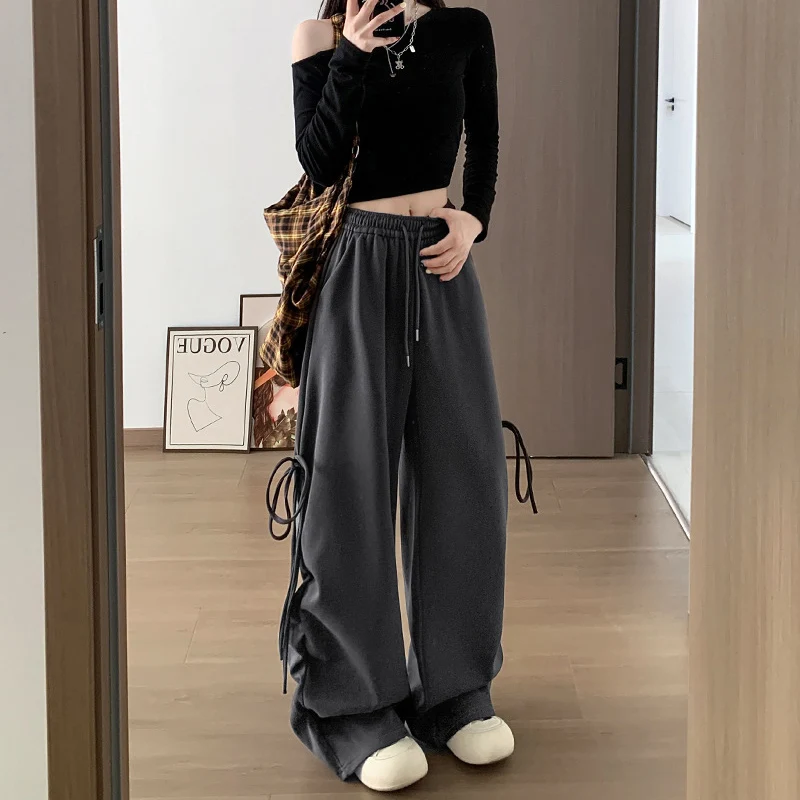Harajuku Wide Leg Sweatpants for Woman Y2K Bow Lace-Up High Waist Oversized Pants Hip Hop Baggy Gray Sports Trousers Women