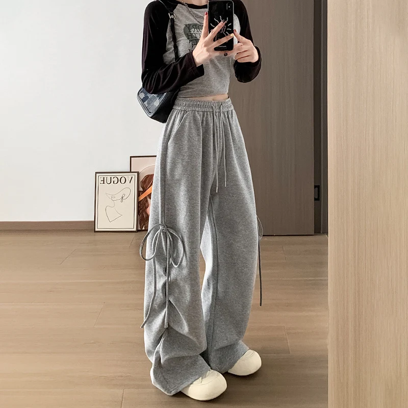 Harajuku Wide Leg Sweatpants for Woman Y2K Bow Lace-Up High Waist Oversized Pants Hip Hop Baggy Gray Sports Trousers Women