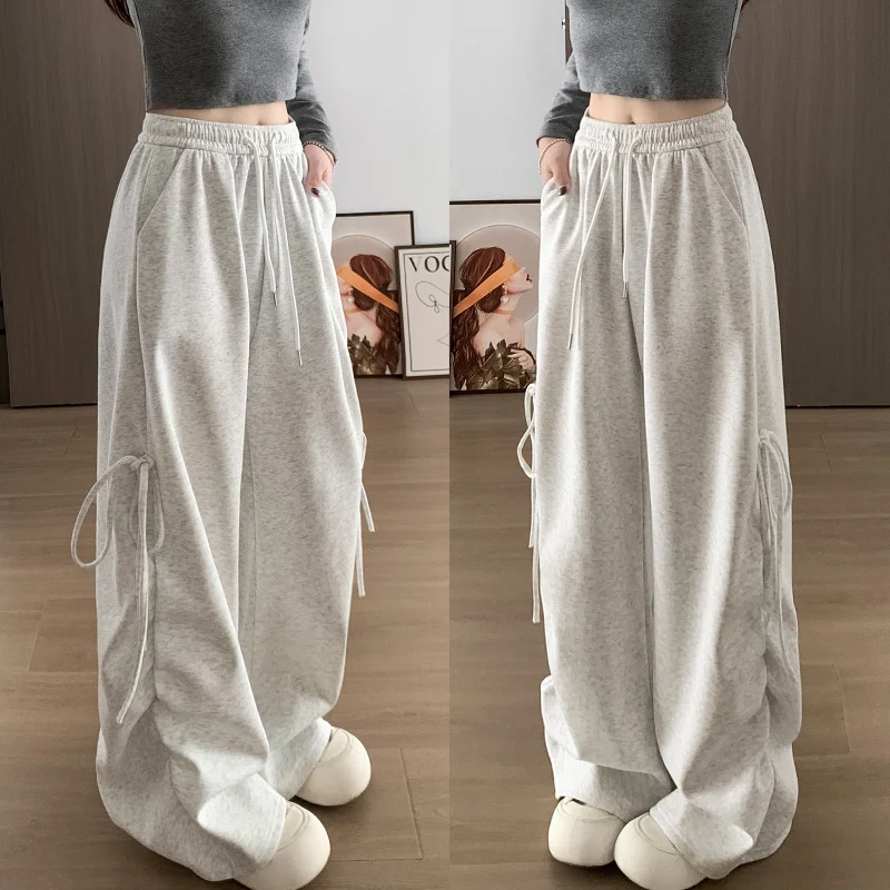 Harajuku Wide Leg Sweatpants for Woman Y2K Bow Lace-Up High Waist Oversized Pants Hip Hop Baggy Gray Sports Trousers Women