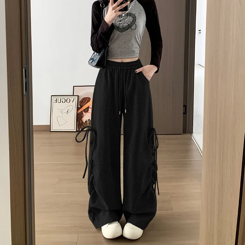 Harajuku Wide Leg Sweatpants for Woman Y2K Bow Lace-Up High Waist Oversized Pants Hip Hop Baggy Gray Sports Trousers Women