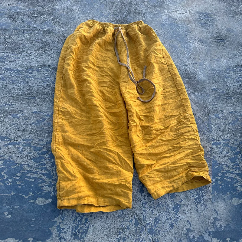 Johnature Women Vintage Linen Wide Leg Pants Elastic Waist 2025 Spring New Solid Color Belt Women Chinese Style Long Pants