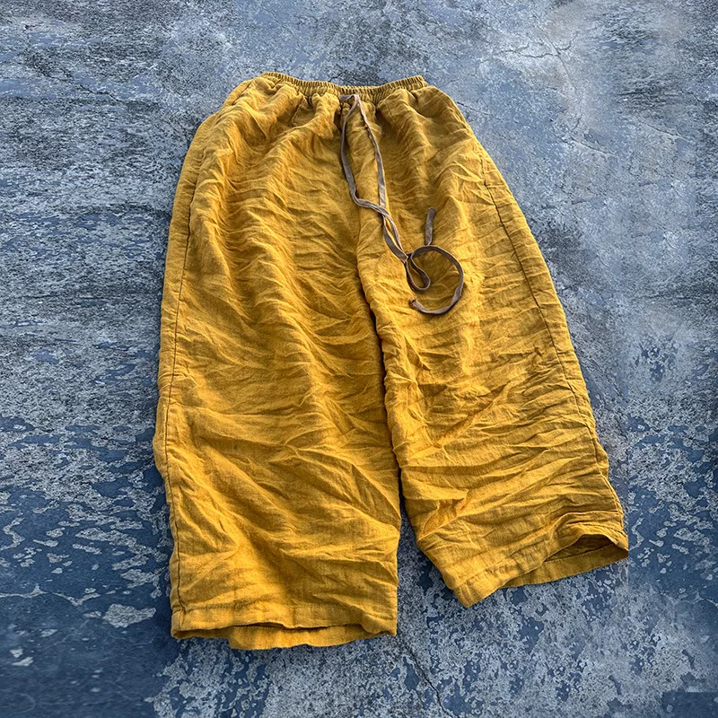 Johnature Women Vintage Linen Wide Leg Pants Elastic Waist 2025 Spring New Solid Color Belt Women Chinese Style Long Pants