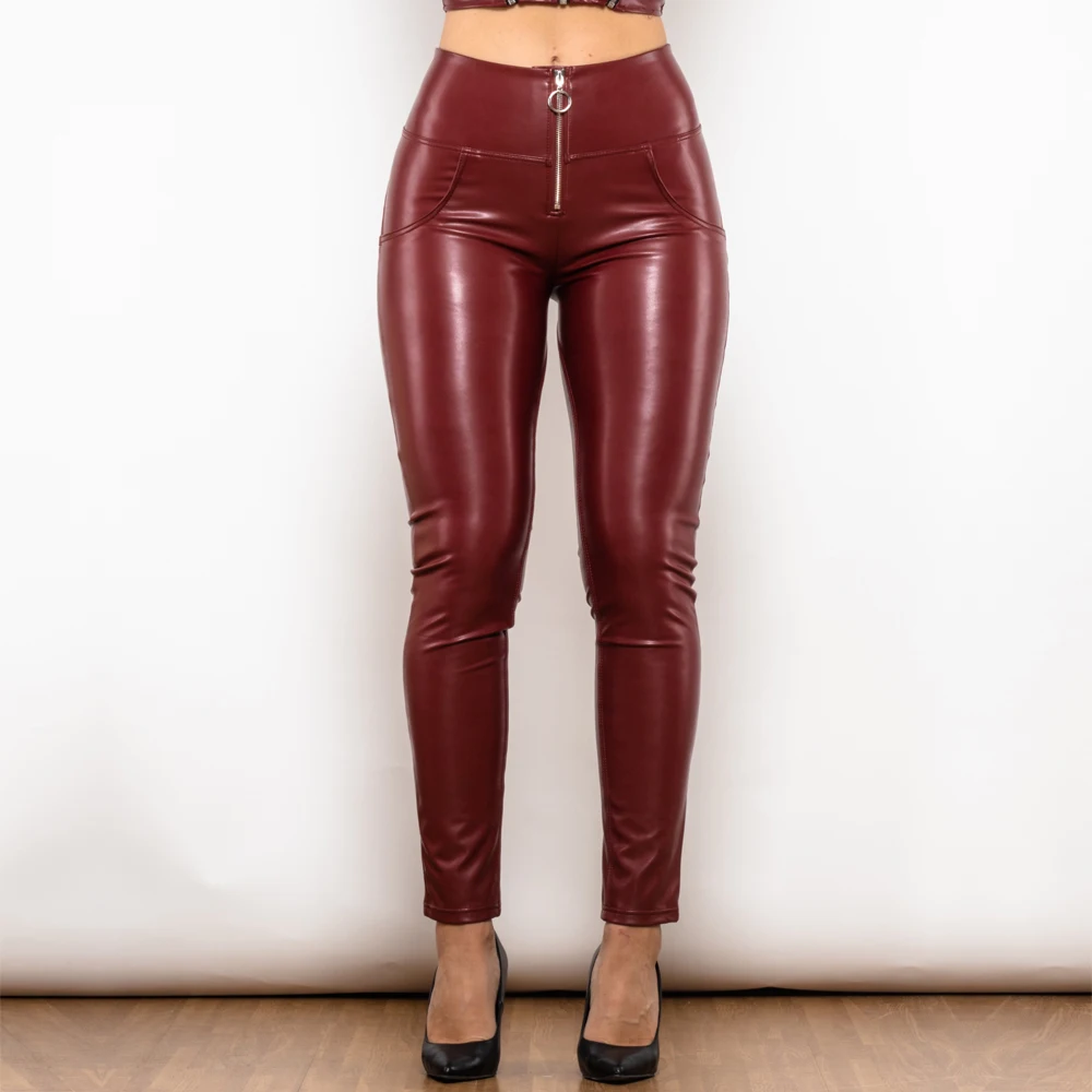 Shascullfites Melody High Waist Faux Pu Leather Pants Scrunch Bum Leather Leggings with Zipper Ring Wet Look Night Club Wear