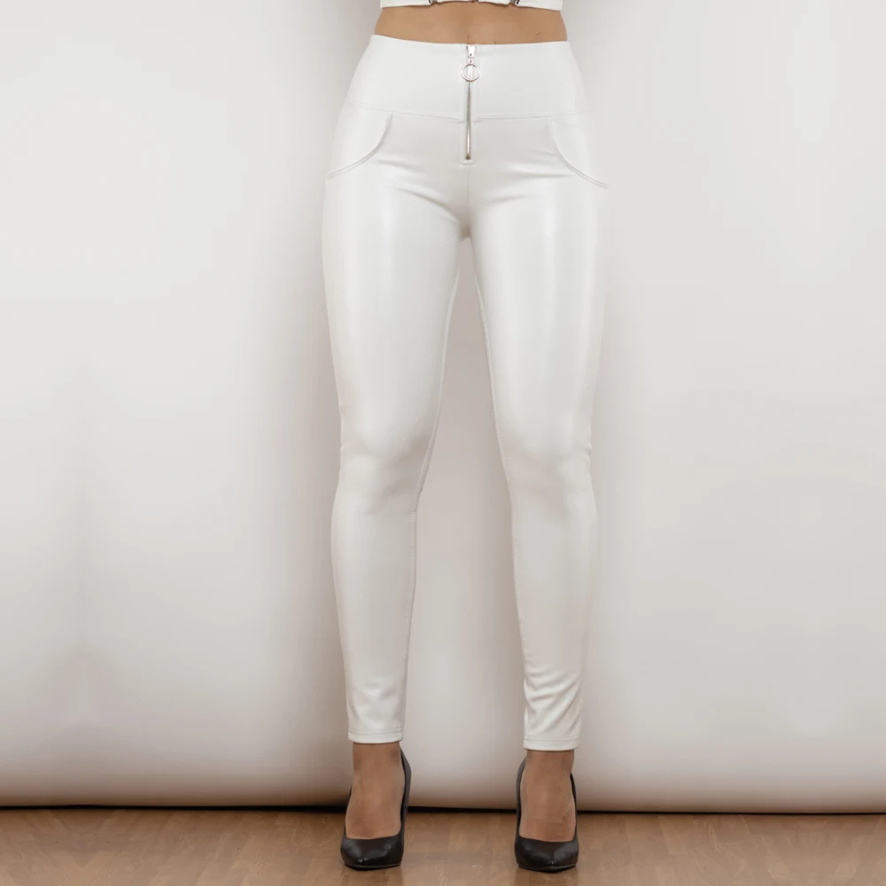 Shascullfites Melody High Waist Faux Pu Leather Pants Scrunch Bum Leather Leggings with Zipper Ring Wet Look Night Club Wear