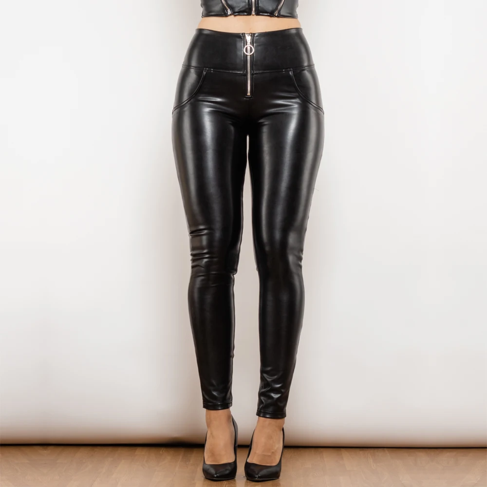Shascullfites Melody High Waist Faux Pu Leather Pants Scrunch Bum Leather Leggings with Zipper Ring Wet Look Night Club Wear