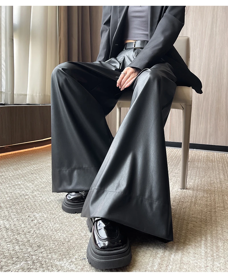 MEXZT Black Pu Leather Wide Leg Pants Women Streetwear Belt Baggy Red Suit Pants Winter Harajuku Korean Casual Straight Trousers