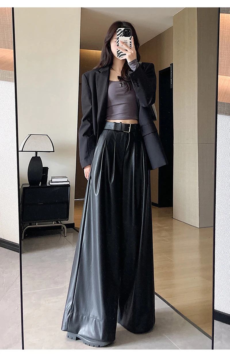 MEXZT Black Pu Leather Wide Leg Pants Women Streetwear Belt Baggy Red Suit Pants Winter Harajuku Korean Casual Straight Trousers
