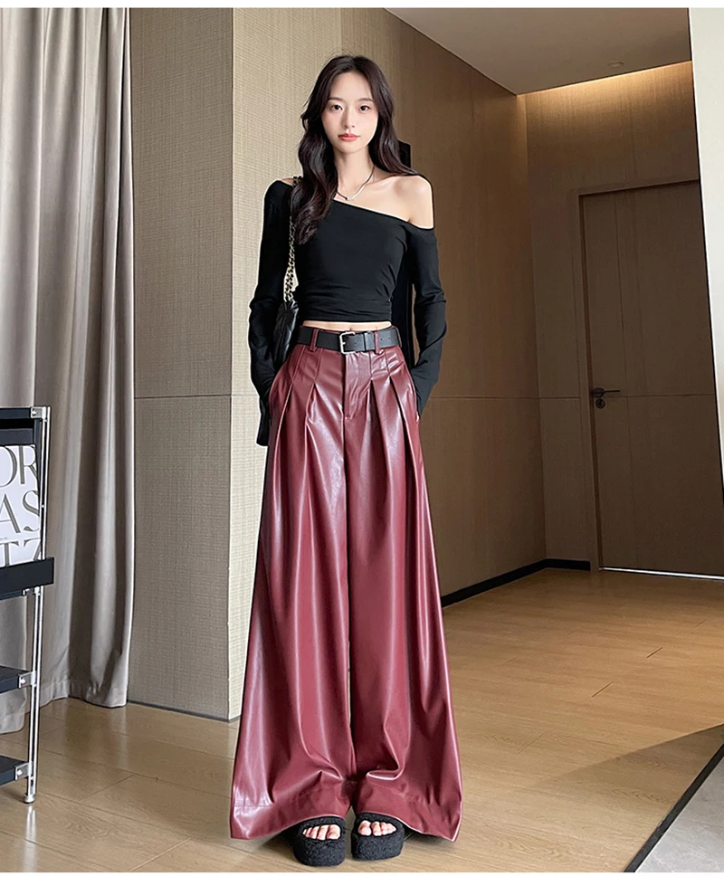 MEXZT Black Pu Leather Wide Leg Pants Women Streetwear Belt Baggy Red Suit Pants Winter Harajuku Korean Casual Straight Trousers