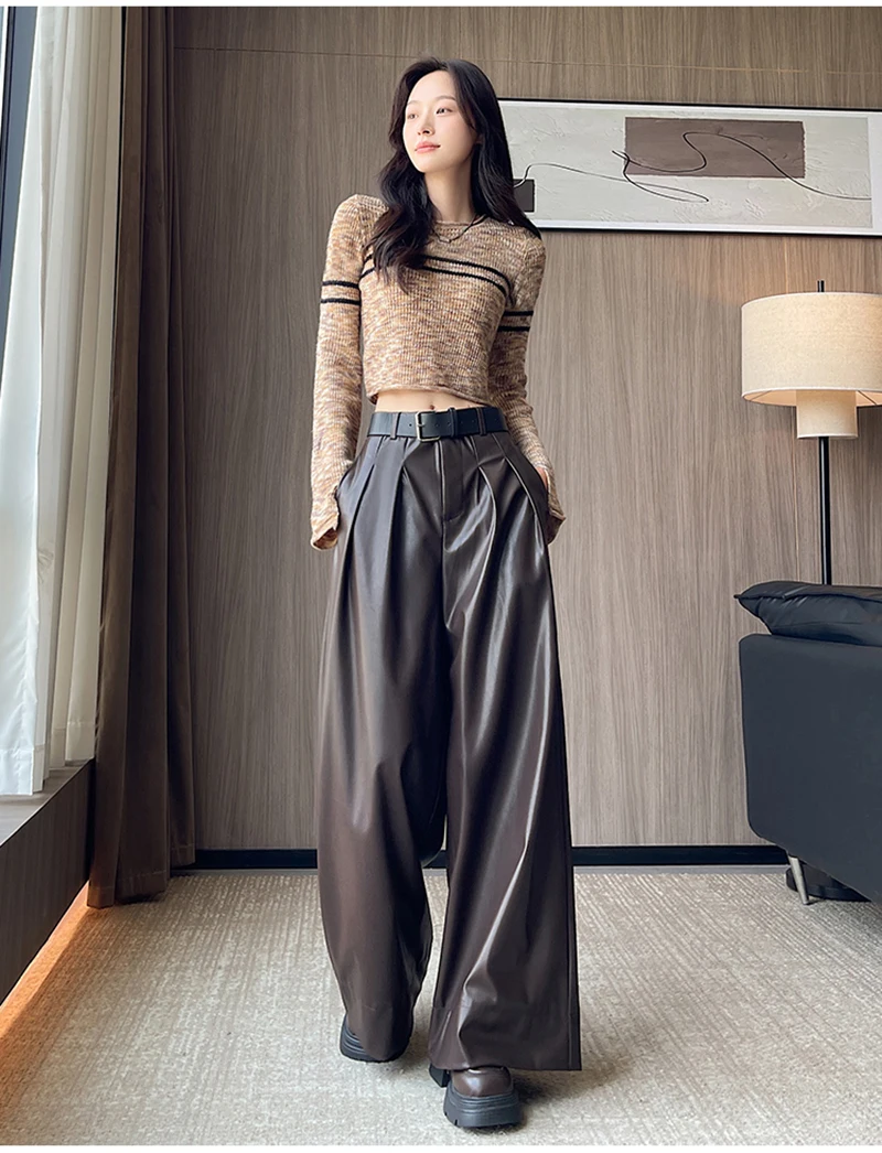 MEXZT Black Pu Leather Wide Leg Pants Women Streetwear Belt Baggy Red Suit Pants Winter Harajuku Korean Casual Straight Trousers